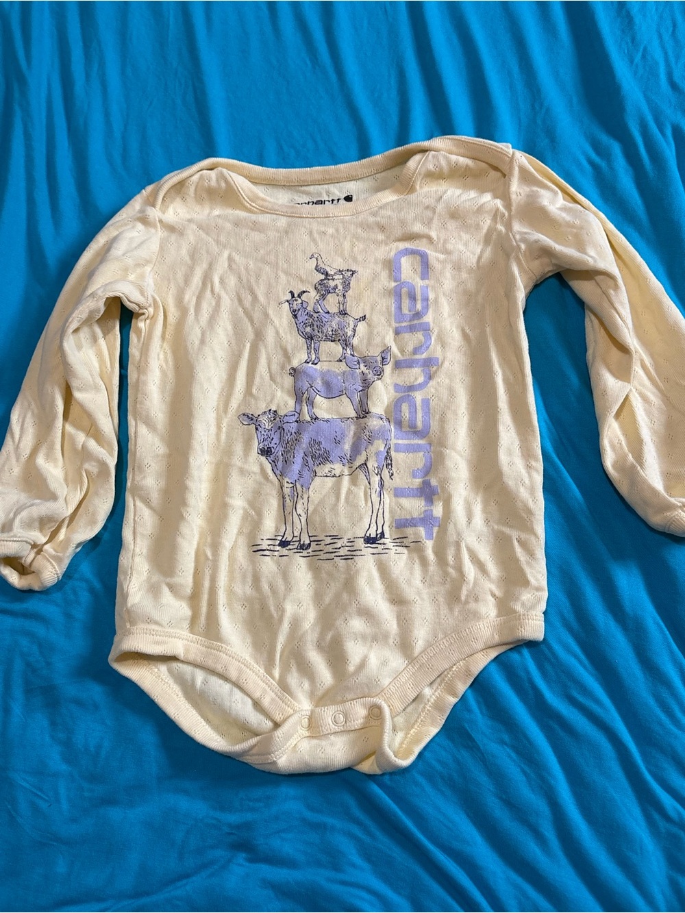 Carhartt Cream Long-Sleeve Baby Bodysuit with Purple Stack Graphic